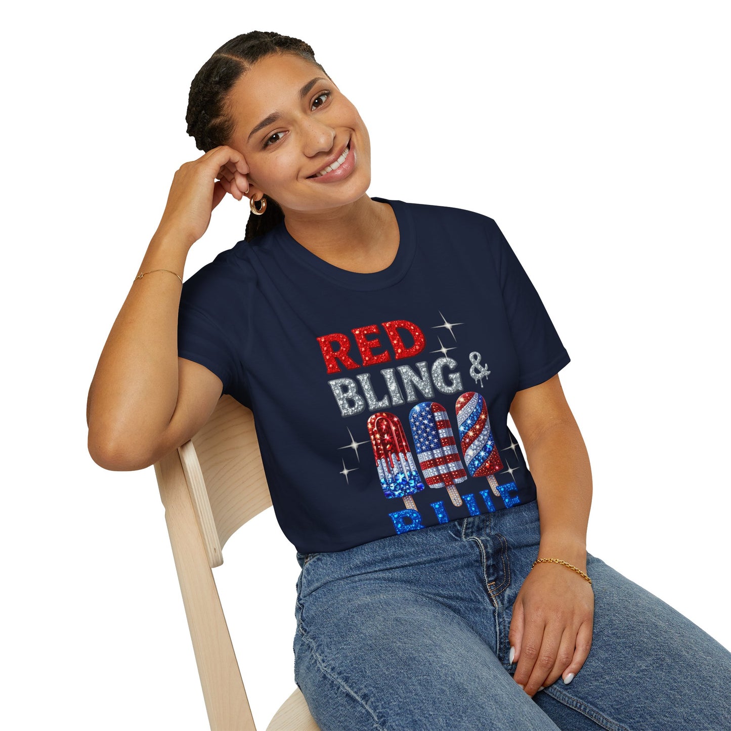 Patriotic Popsicle T-Shirt, Independence Day Top, Summer Vibes Tee, Fourth of July Shirt, Fun Casual Wear, Red Bling & Blue Design