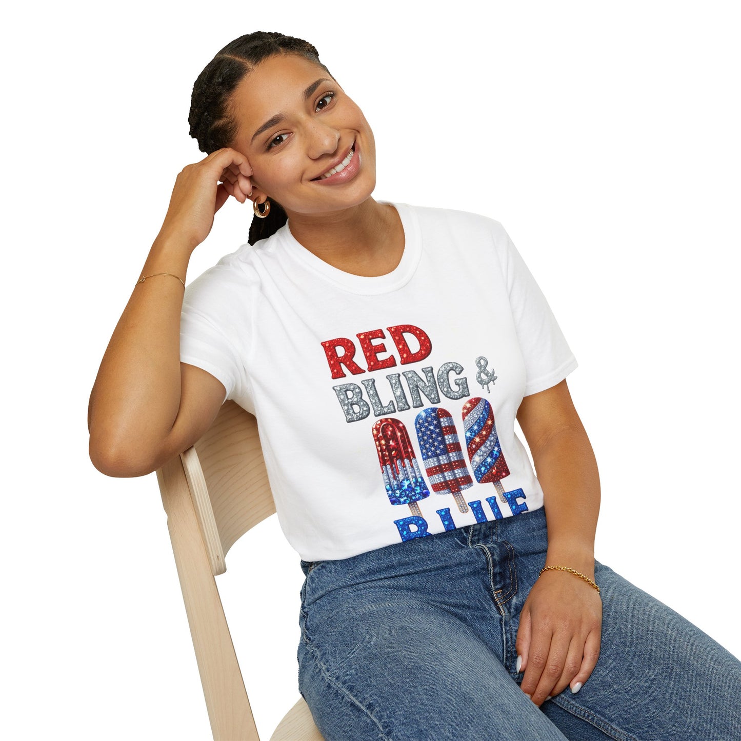 Patriotic Popsicle T-Shirt, Independence Day Top, Summer Vibes Tee, Fourth of July Shirt, Fun Casual Wear, Red Bling & Blue Design