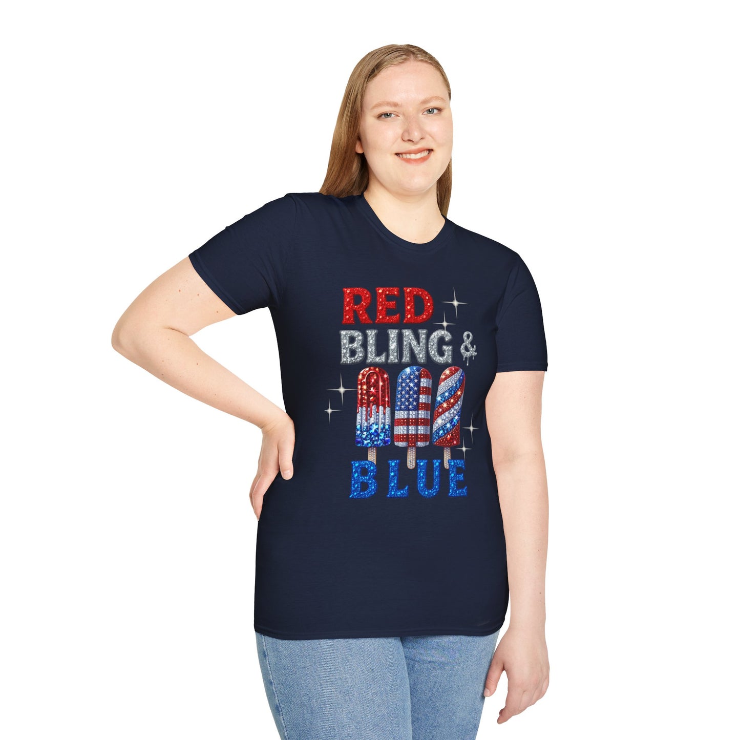 Patriotic Popsicle T-Shirt, Independence Day Top, Summer Vibes Tee, Fourth of July Shirt, Fun Casual Wear, Red Bling & Blue Design