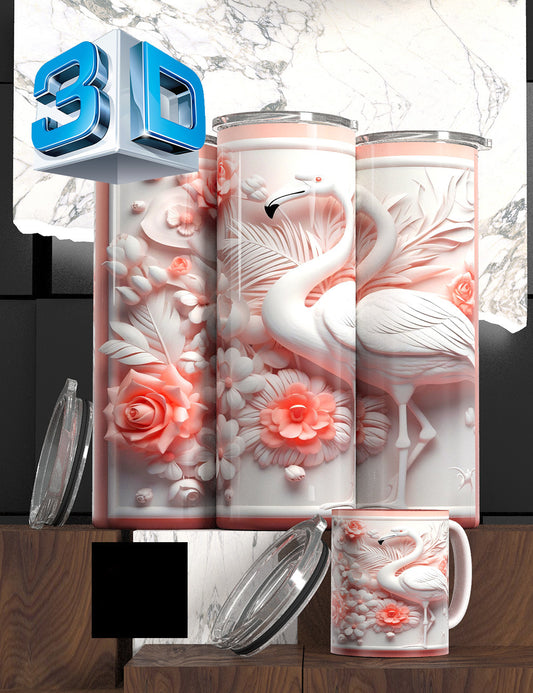 3D Flowers and Flamingo Sublimation Tumbler