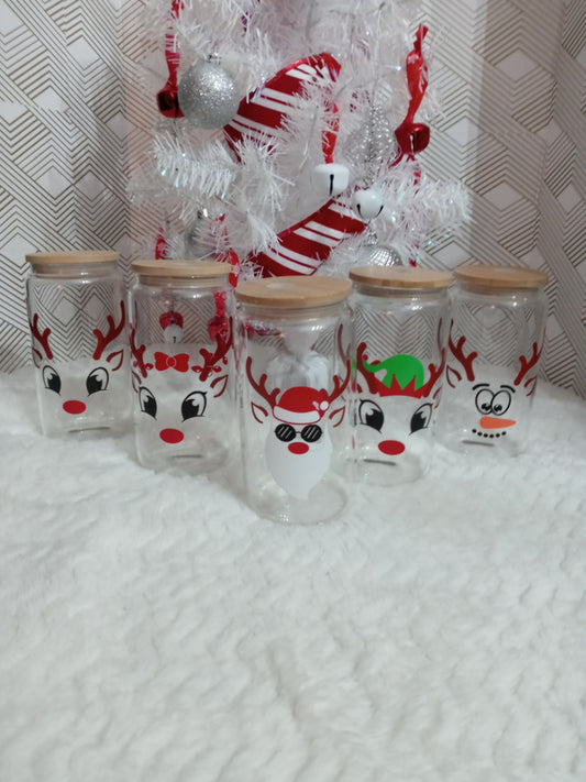 Christmas Reindeer Clear Glass Jars 16oz w/ Bamboo Lid and Straw